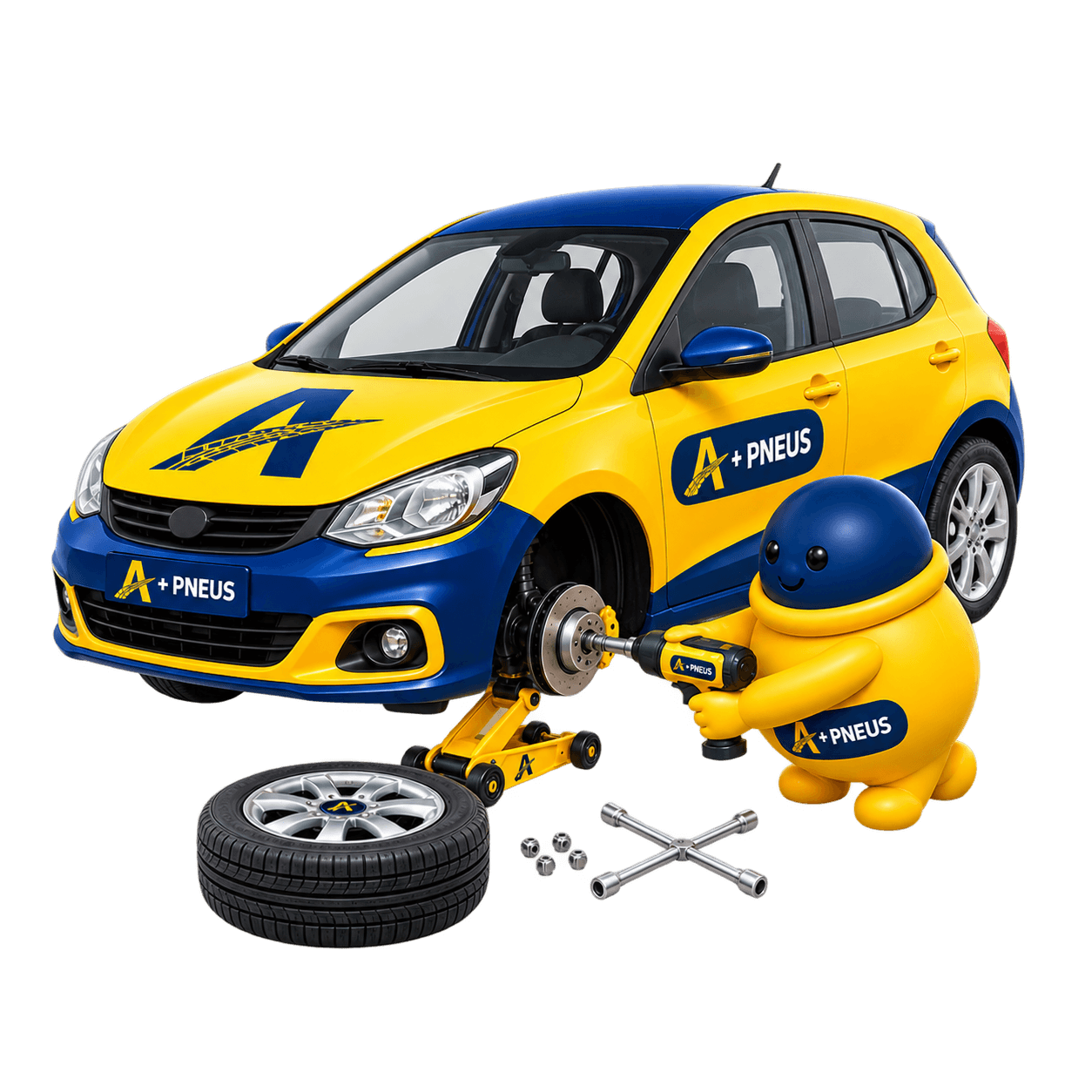 La mascotte A+ Pneus qui change un pneu